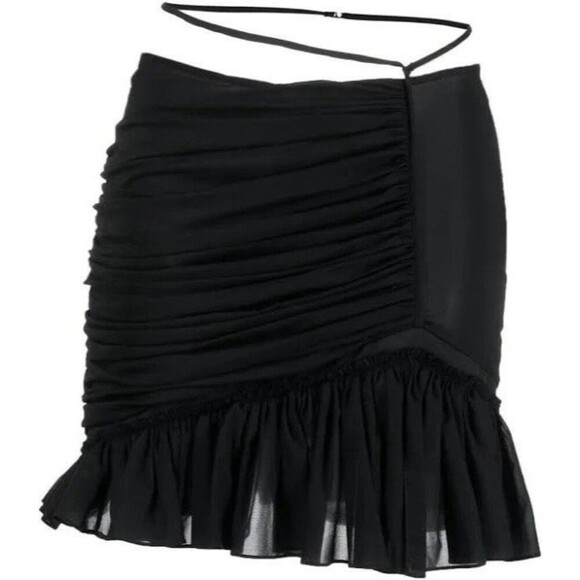 Nensi Dojaka Ruched Asymmetric Stretch Silk Mini Skirt Black Ruffle Size Small - Picture 3 of 10